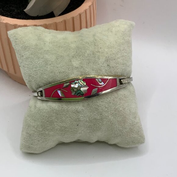 Alpaca Mexico Vintage Pink Silver Abalone Flower Inlay Bangle Bracelet - Picture 2 of 7